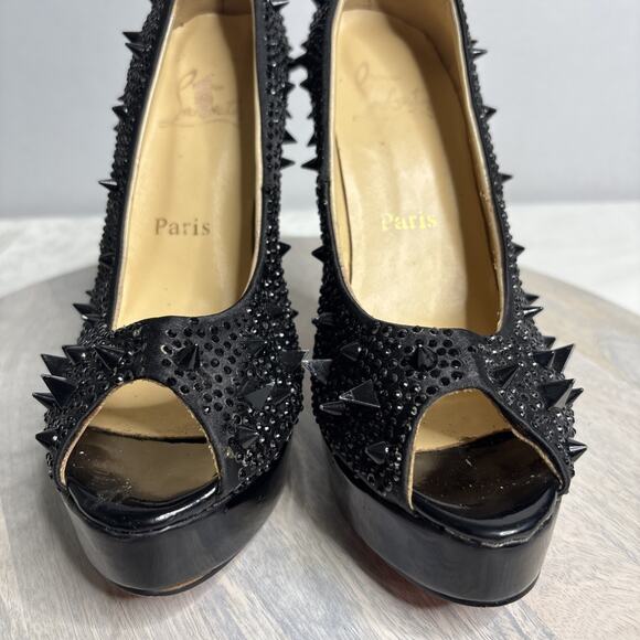 Black Platform Peep Toe Heels – Studded Spike Stiletto Pumps, Gothic 8 - Picture 6 of 12